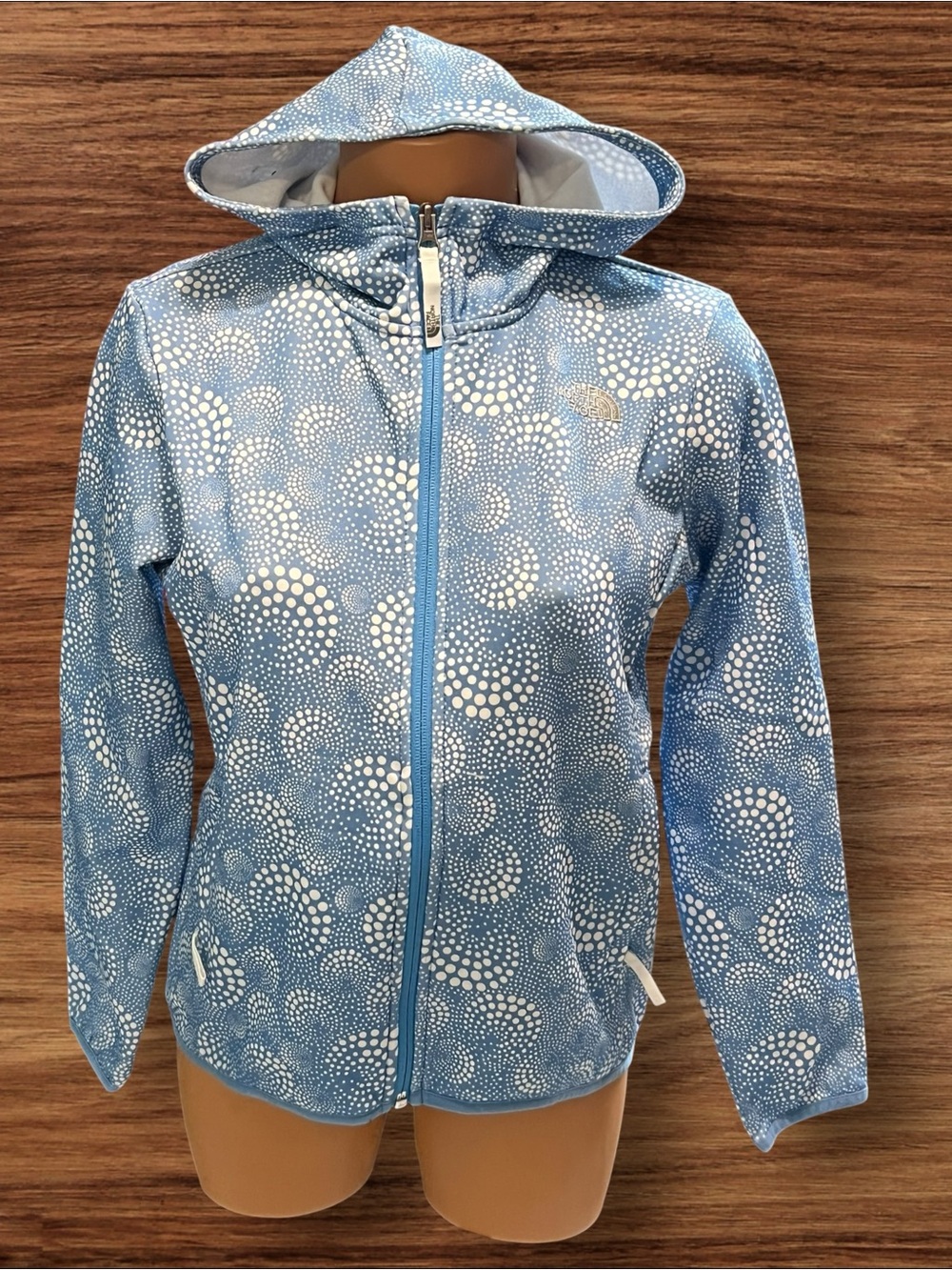 ☑️ The North Face Girls Blue White Print Full Zip Fleece Hoodie Size L/G
